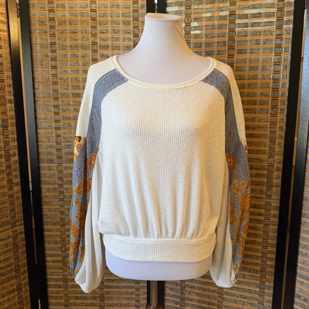 Free People Thermal Top Women Small Ivory Mixed Media Floral Balloon Sleeve Boho